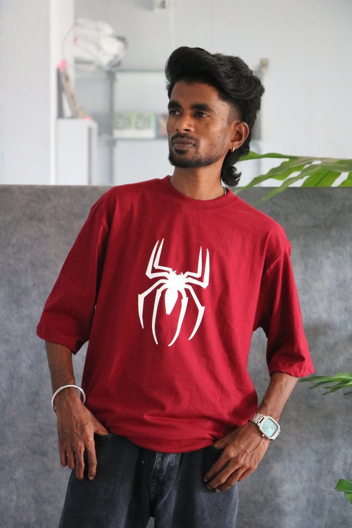 Men's Streetwear Spider Print Drop-Shoulder Tee - Maroon