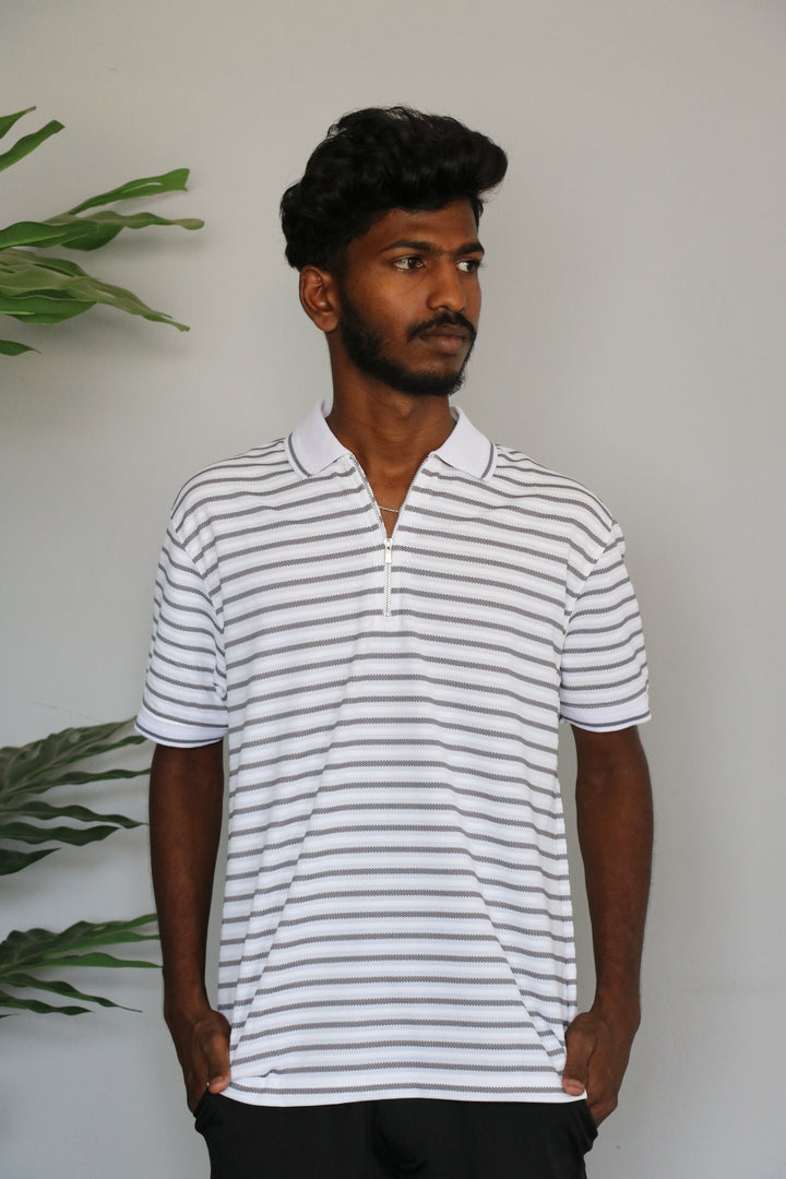 Men's Korean Half Sleeve Quarter-Zip horizontal Polo stripes T-shirt - Light Grey
