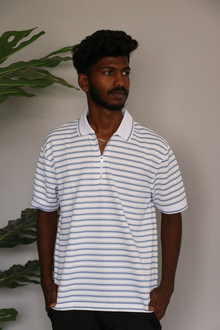 Men's Korean Half Sleeve Quarter-Zip horizontal Polo stripes T-shirt - Light Blue