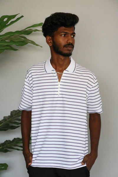 Men's Korean Half Sleeve Quarter-Zip horizontal Polo stripes T-shirt - Purple