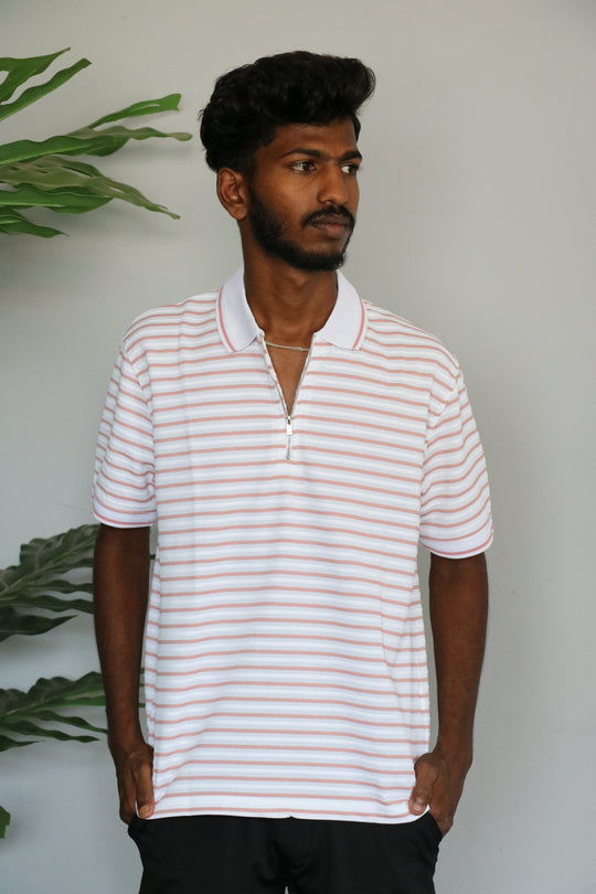 Men's Korean Half Sleeve Quarter-Zip horizontal Polo stripes T-shirt - Light Orange – 7MAN Men's Fashion India