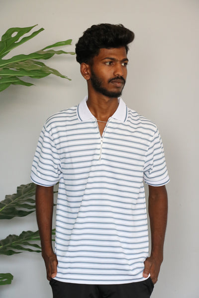 Men's Korean Half Sleeve Quarter-Zip horizontal Polo stripes T-shirt - Blue