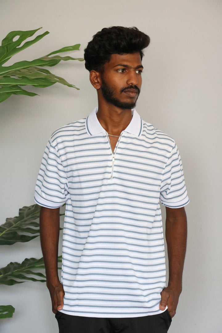 Men's Korean Half Sleeve Quarter-Zip horizontal Polo stripes T-shirt - Blue