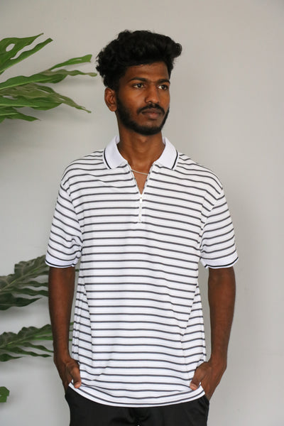 Men's Korean Half Sleeve Quarter-Zip horizontal Polo stripes T-shirt - Black