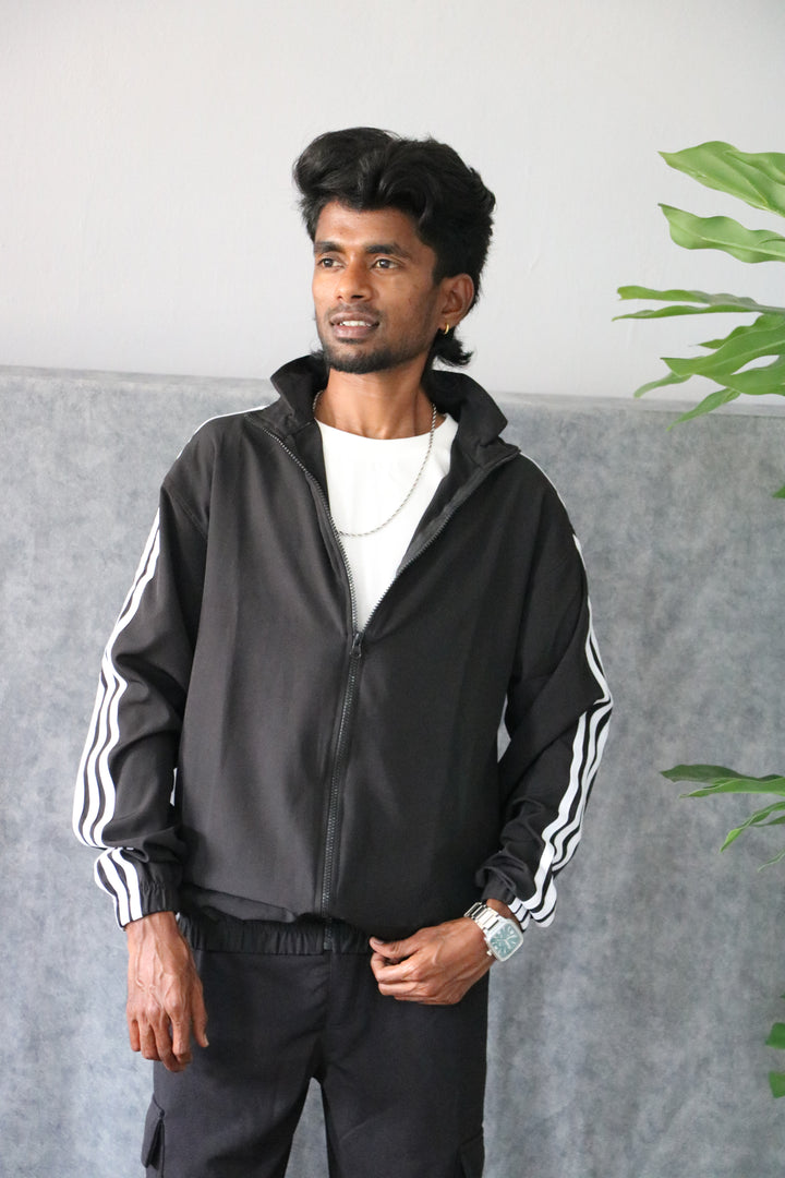 Men's Side Stripe Full-Zip Full Sleeve Track Jacket - Black