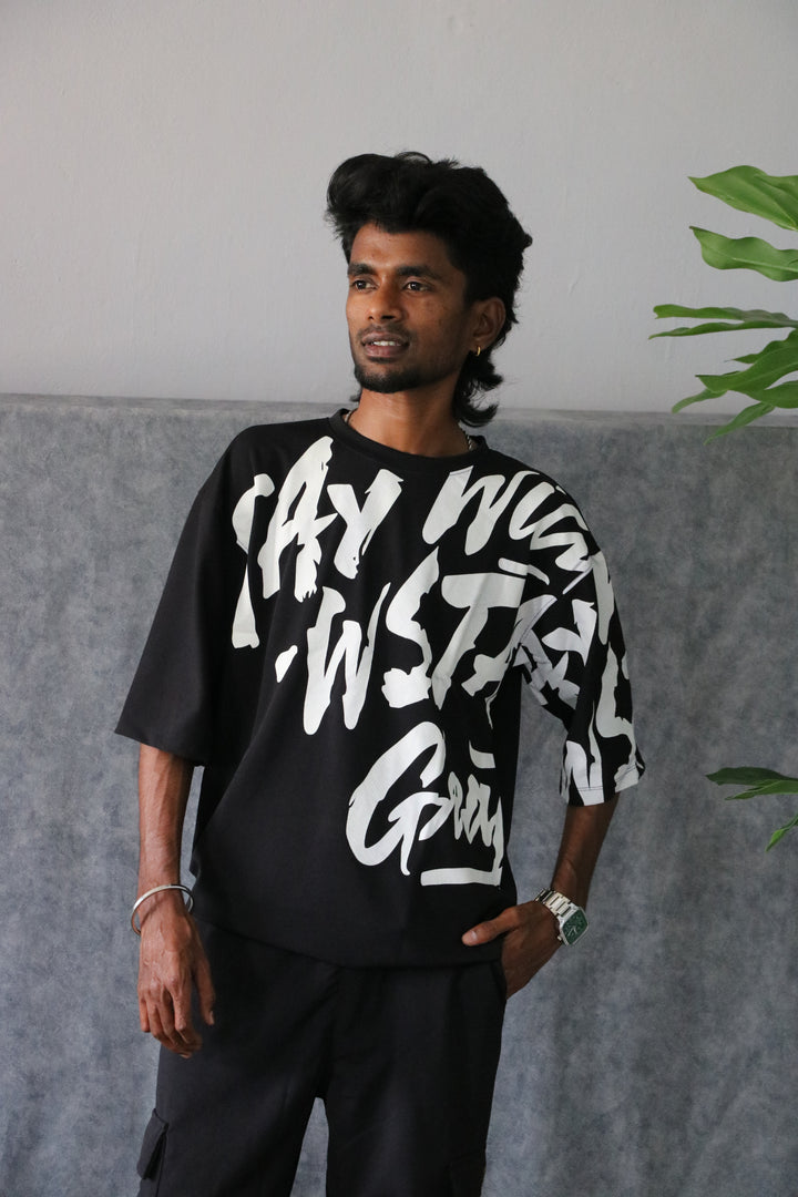 Men's Oversized Graffiti Spray Print T-Shirt - Black