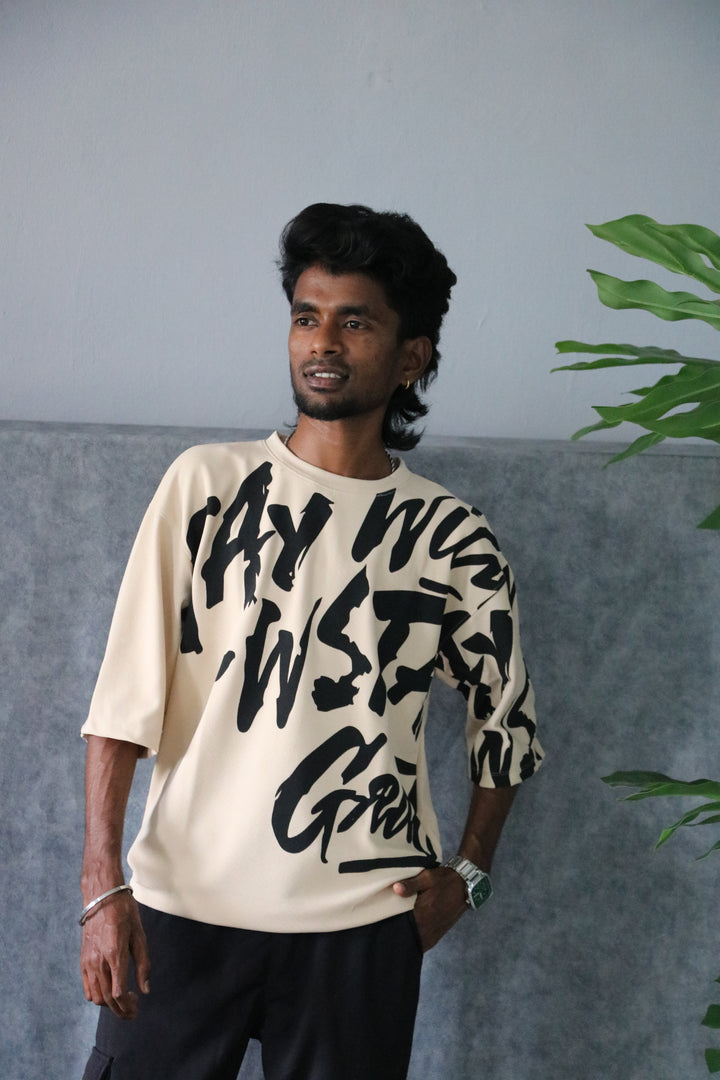 Men's Oversized Graffiti Spray Print T-Shirt - Beige