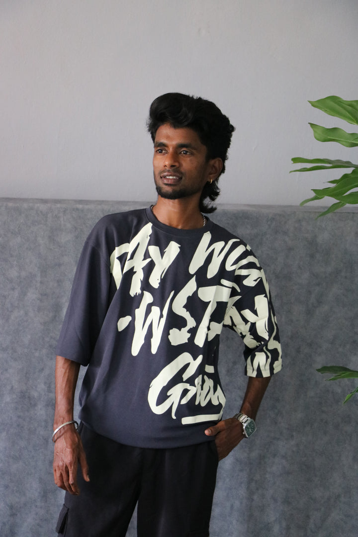 Men's Oversized Graffiti Spray Print T-Shirt - Grey