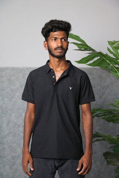 Men's Short Sleeve Collar Neck Press Button T-shirt - Black