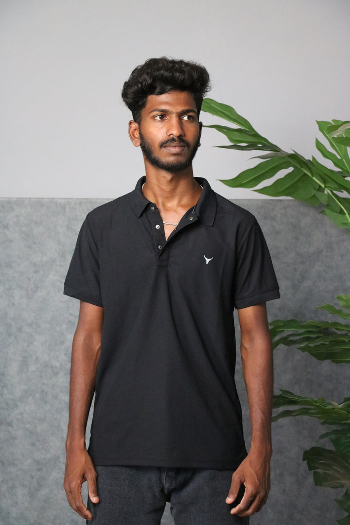 Men's Short Sleeve Collar Neck Press Button T-shirt - Black