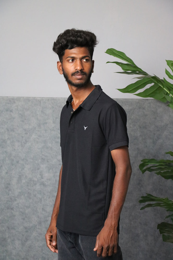 Men's Short Sleeve Collar Neck Press Button T-shirt - Black