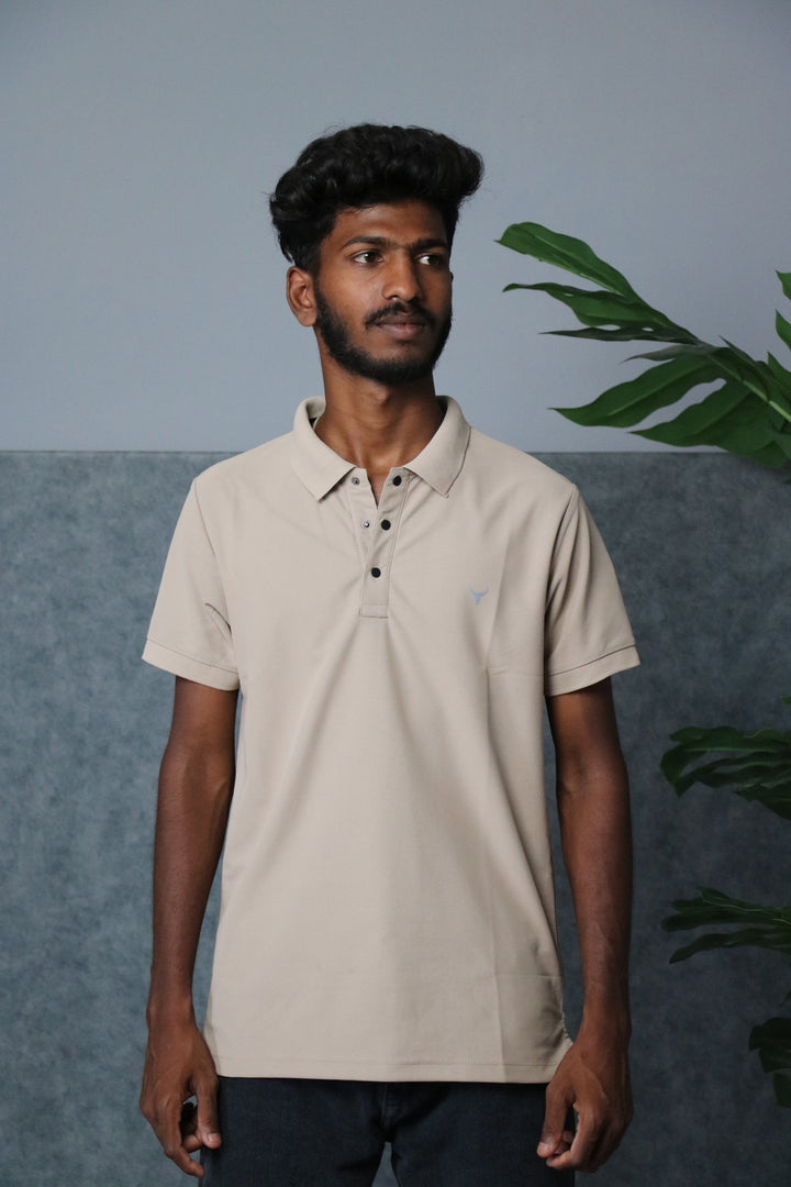Men's Short Sleeve Collar Neck Press Button T-shirt - Cream