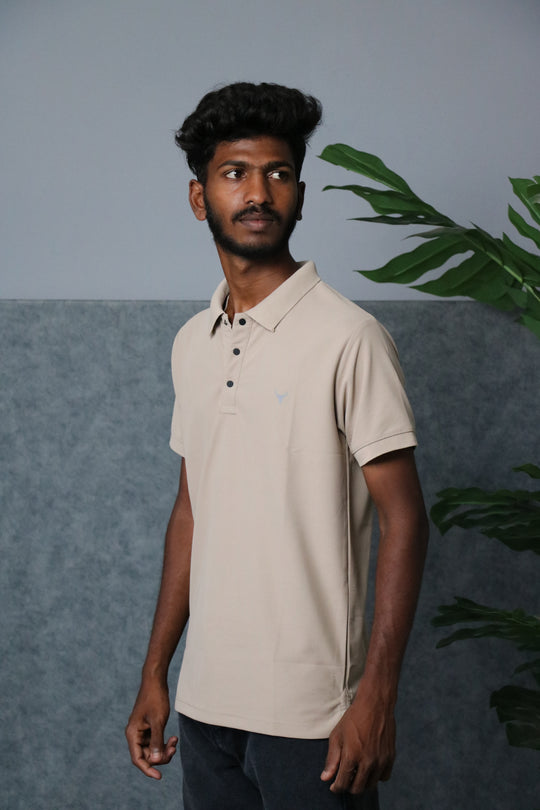 Men's Short Sleeve Collar Neck Press Button T-shirt - Cream – alternate view – 7MAN India