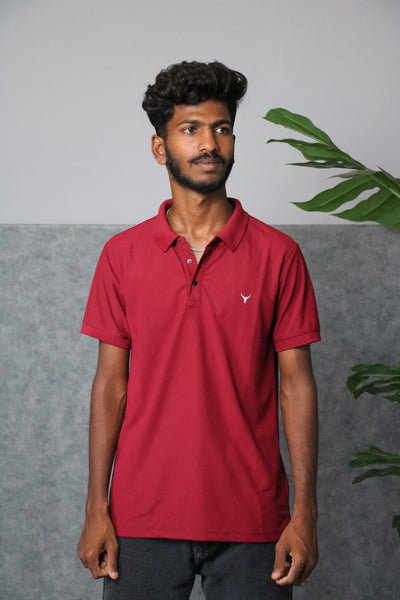 Men's Short Sleeve Collar Neck Press Button T-shirt - Maroon