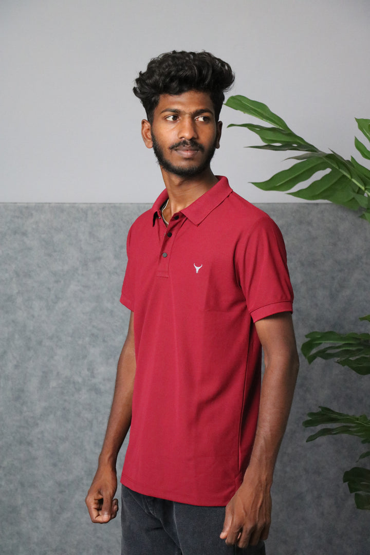 Men's Short Sleeve Collar Neck Press Button T-shirt - Maroon