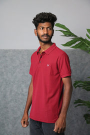 Men's Short Sleeve Collar Neck Press Button T-shirt - Maroon
