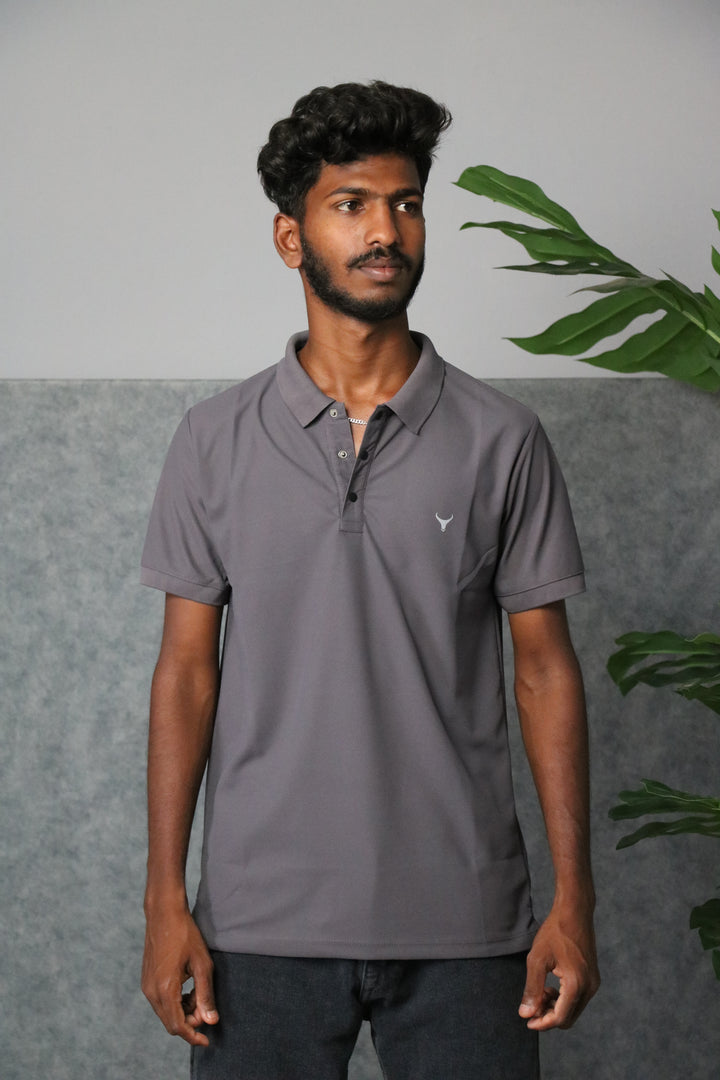 Men's Short Sleeve Collar Neck Press Button T-shirt - Grey
