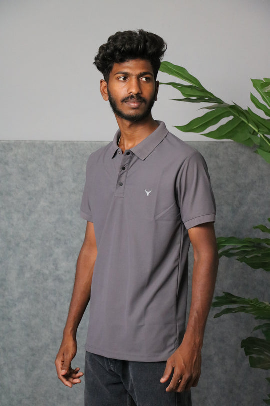 Men's Short Sleeve Collar Neck Press Button T-shirt - Grey – alternate view – 7MAN India