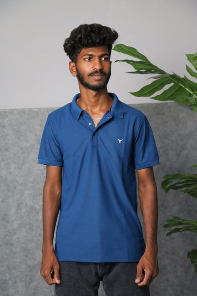 Men's Short Sleeve Collar Neck Press Button T-shirt - Blue