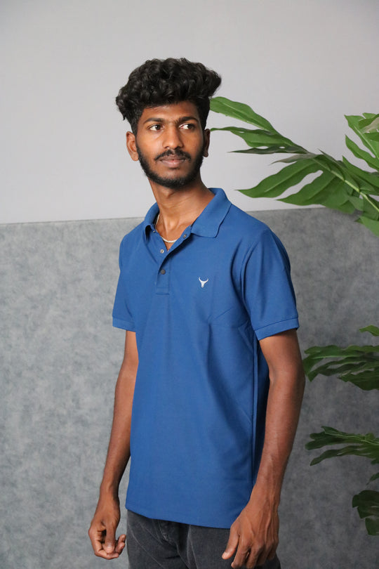 Men's Short Sleeve Collar Neck Press Button T-shirt - Blue – alternate view – 7MAN India