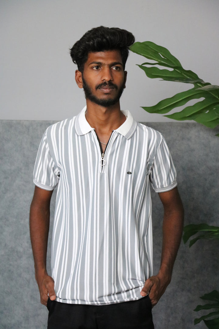 Men's Vertical Striped Half-Zip Short Sleeve Polo Tee - Grey & White