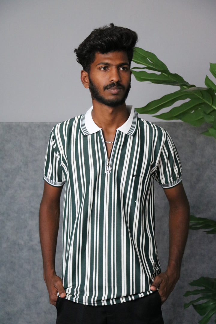 Men's Vertical Striped Half-Zip Short Sleeve Polo Tee - Green & White