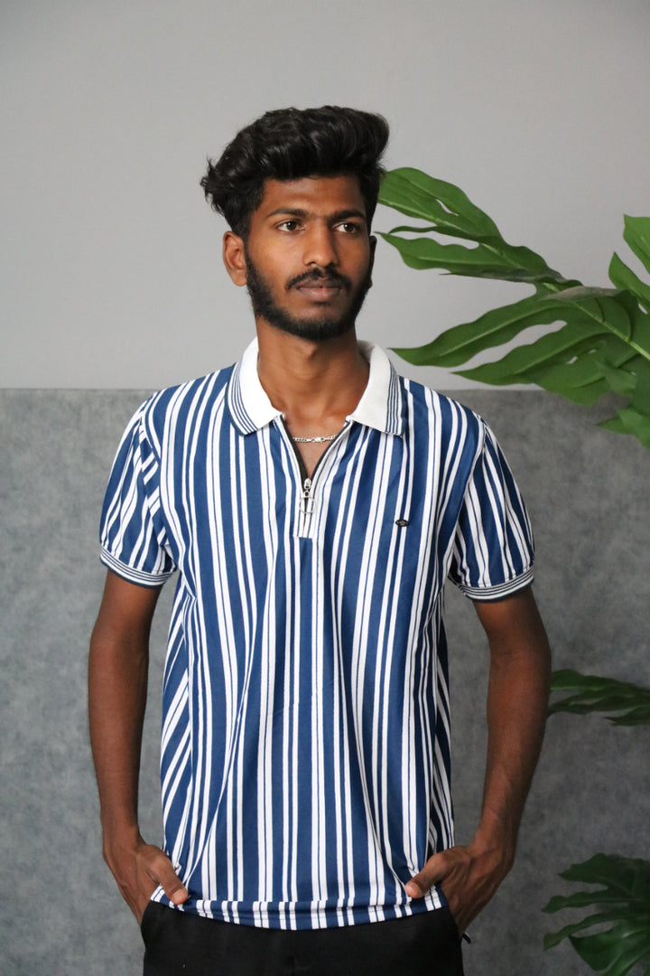 Men's Vertical Striped Half-Zip Short Sleeve Polo Tee - Blue & White