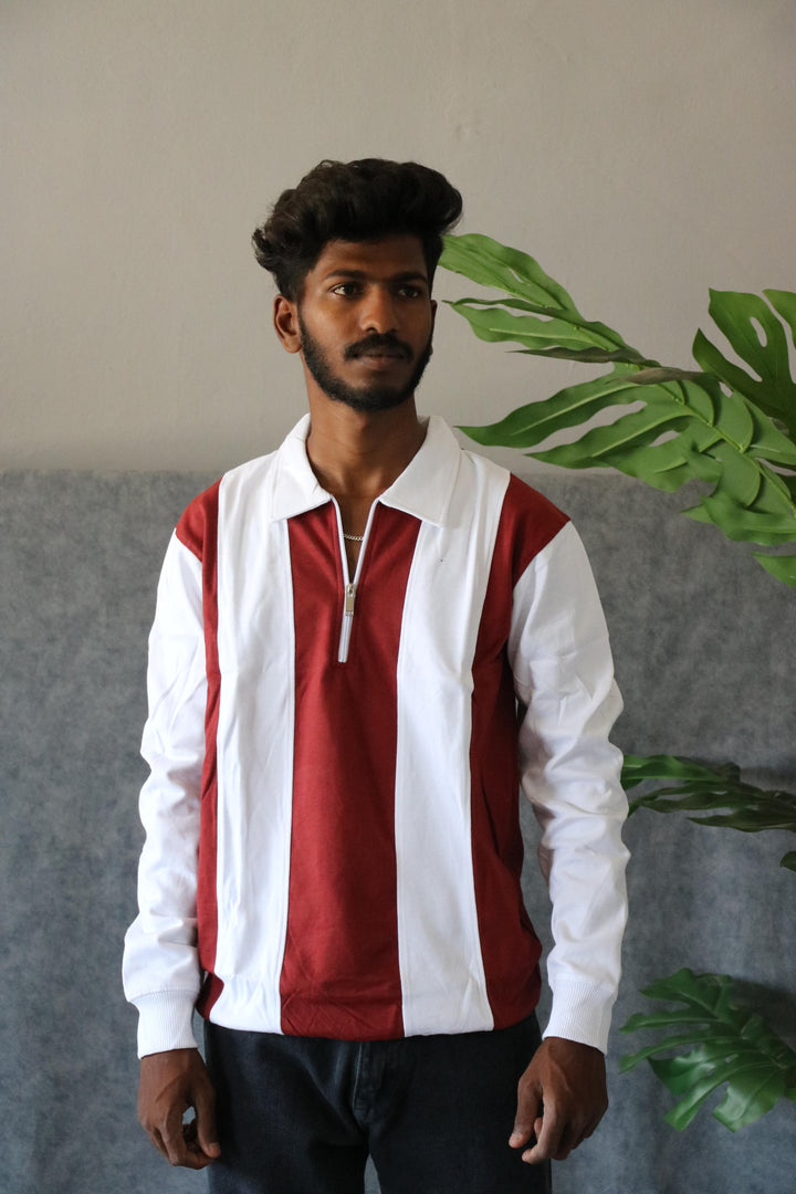 Men's Striped Half-Zip Full Sleeve Cuttens T-Shirt - Wine & White
