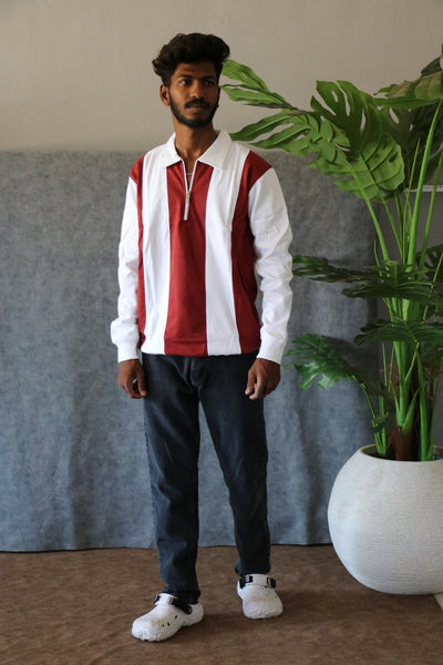 Men's Striped Half-Zip Full Sleeve Cuttens T-Shirt - Wine & White