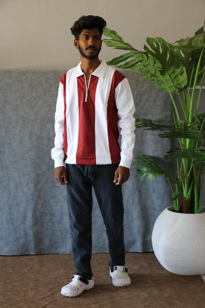 Men's Striped Half-Zip Full Sleeve Cuttens T-Shirt - Wine & White