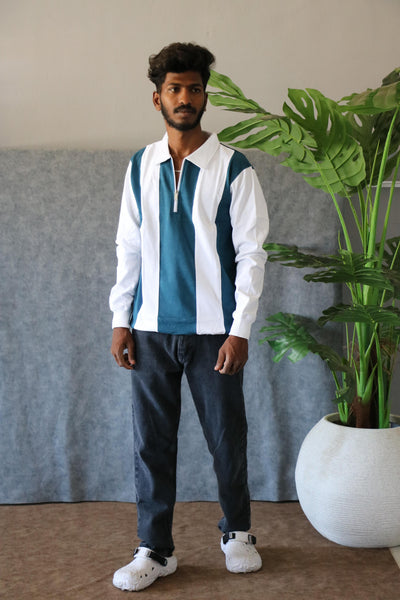 Men's Striped Half-Zip Full Sleeve Cuttens T-Shirt - Teal & White