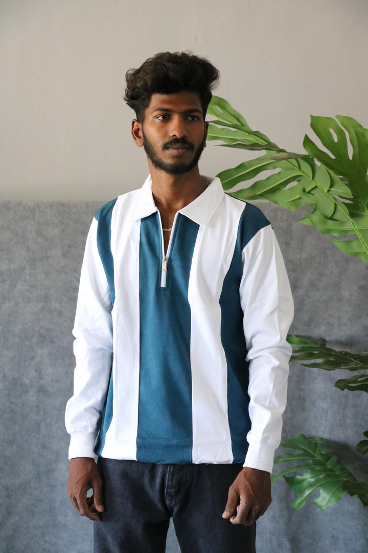 Men's Striped Half-Zip Full Sleeve Cuttens T-Shirt - Teal & White