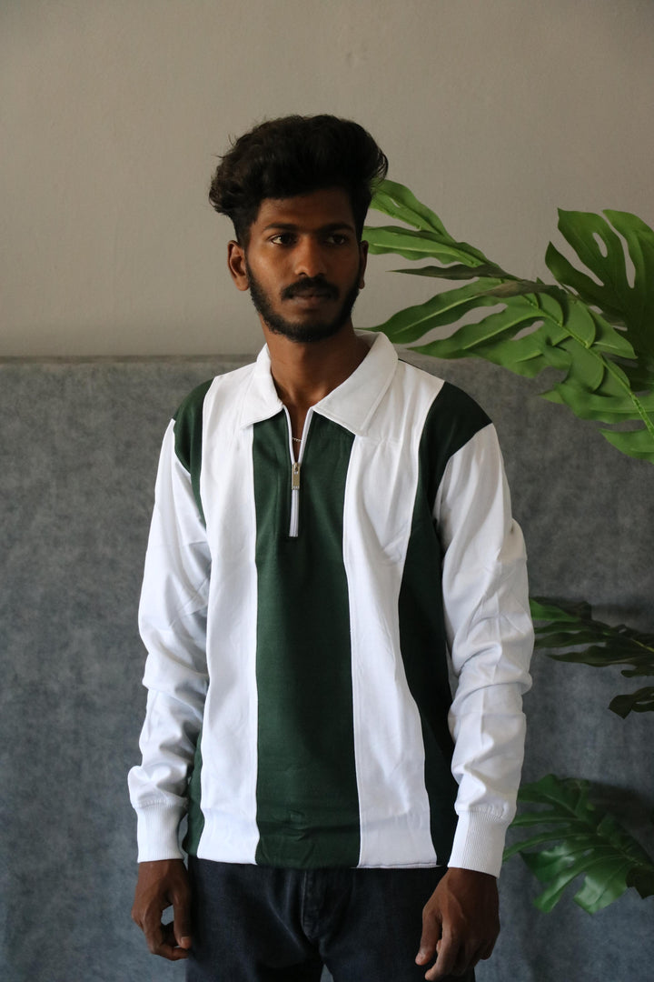 Men's Striped Half-Zip Full Sleeve Cuttens T-Shirt - Green & White
