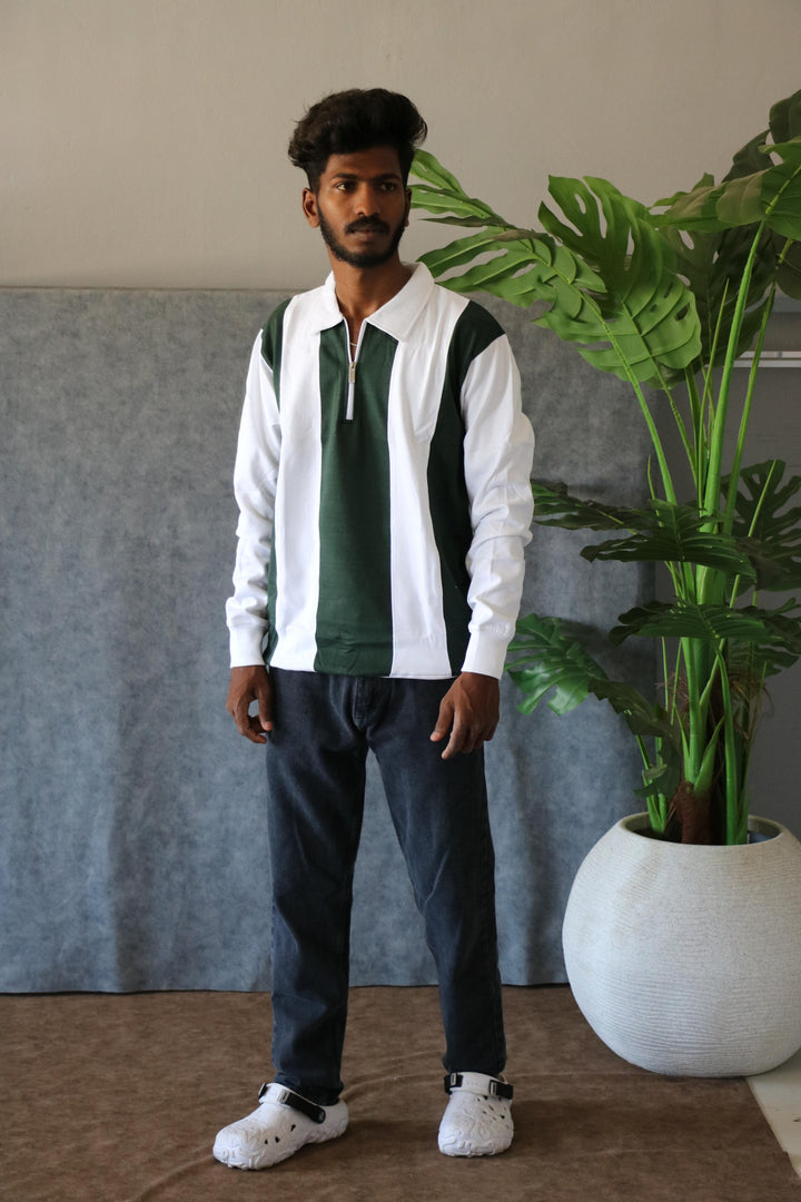 Men's Striped Half-Zip Full Sleeve Cuttens T-Shirt - Green & White