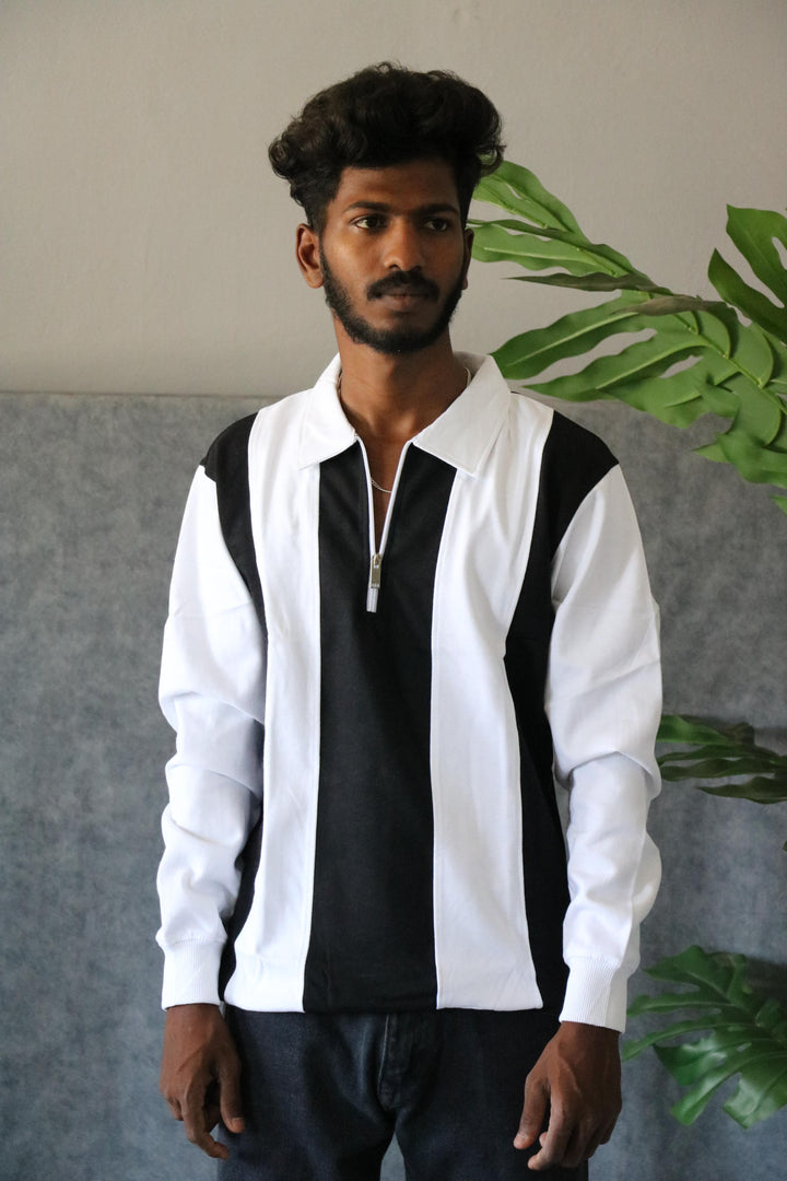 Men's Striped Half-Zip Full Sleeve Cuttens T-Shirt - Black & White