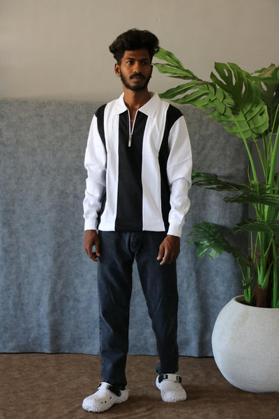 Men's Striped Half-Zip Full Sleeve Cuttens T-Shirt - Black & White