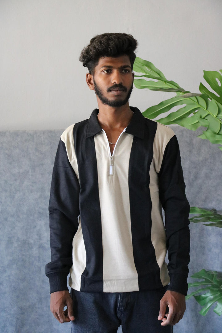 Men's Striped Half-Zip Full Sleeve Cuttens T-Shirt - Black & Beige
