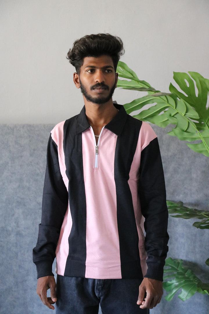 Men's Striped Half-Zip Full Sleeve Cuttens T-Shirt - Black & Pink