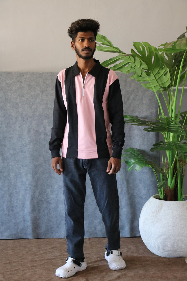 Men's Striped Half-Zip Full Sleeve Cuttens T-Shirt - Black & Pink
