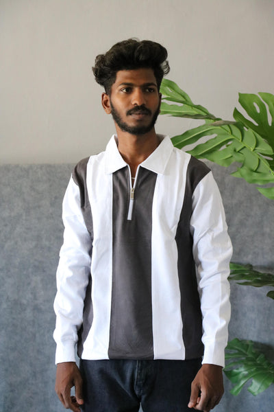 Men's Striped Half-Zip Full Sleeve Cuttens T-Shirt - Grey & White