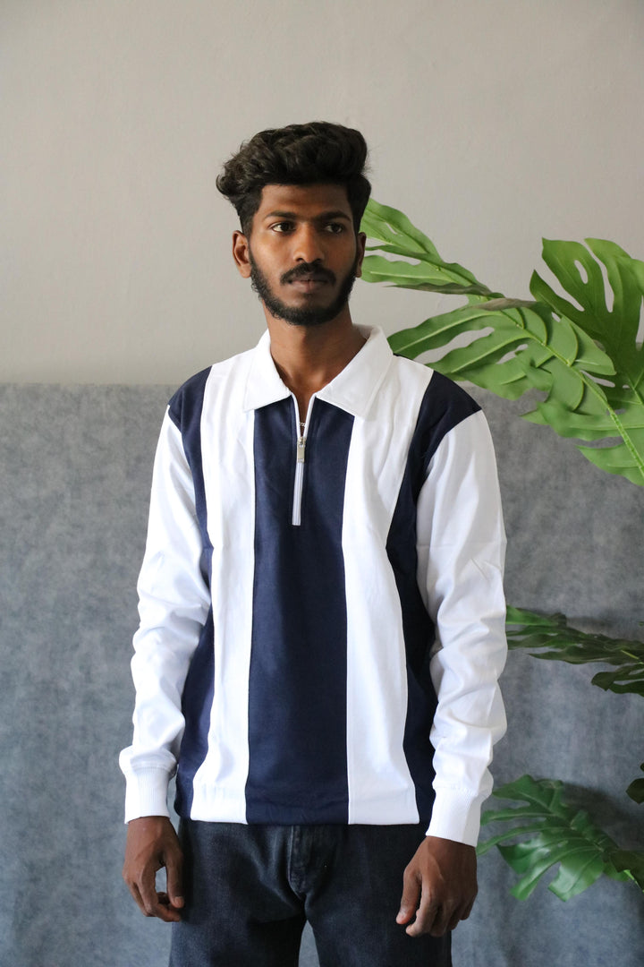 Men's Striped Half-Zip Full Sleeve Cuttens T-Shirt - Navy & White