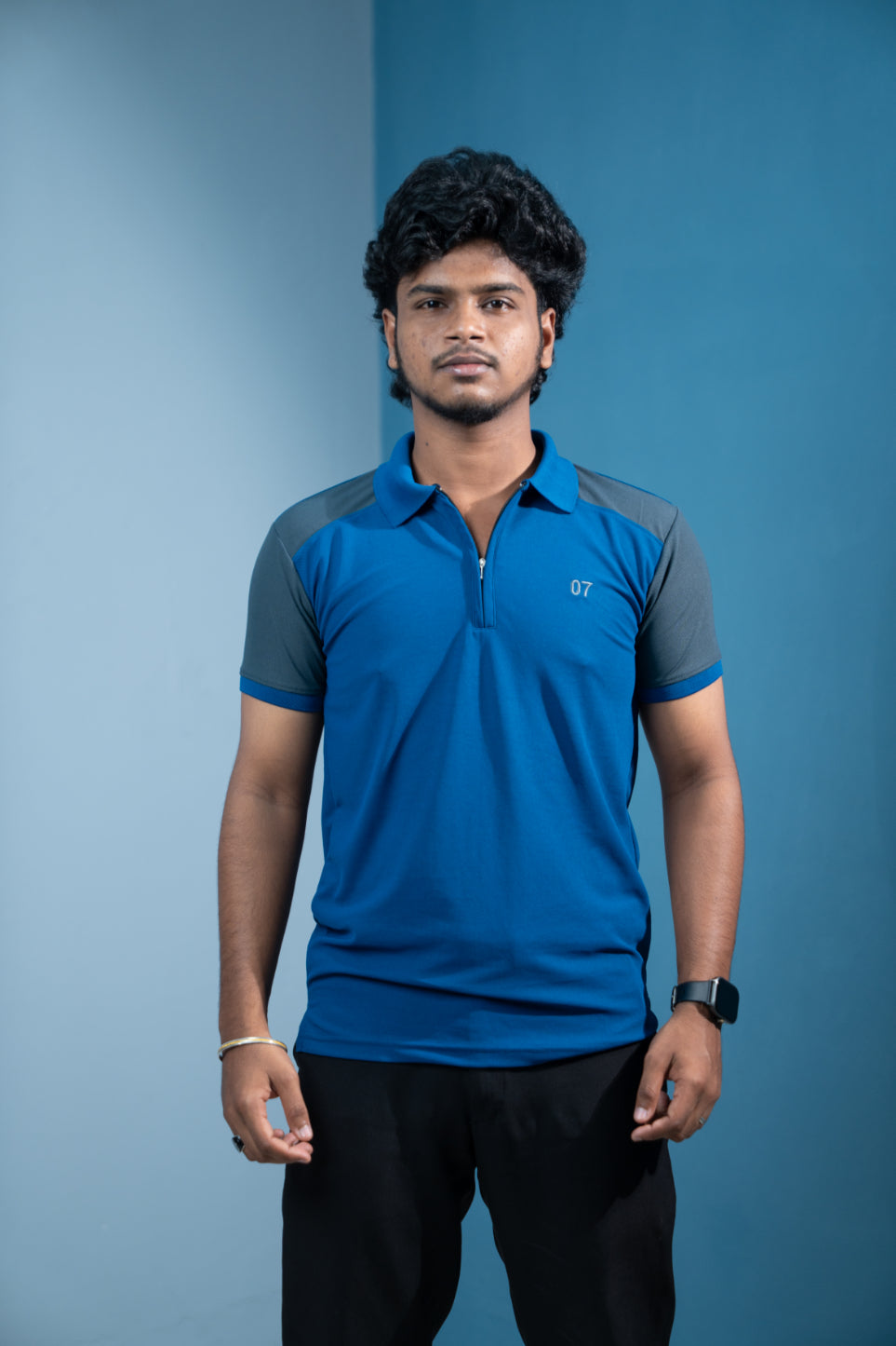 Dual-Tone Short Sleeve Zipper Collar T-Shirt for Men  Trending Korean Fit-Ink Blue