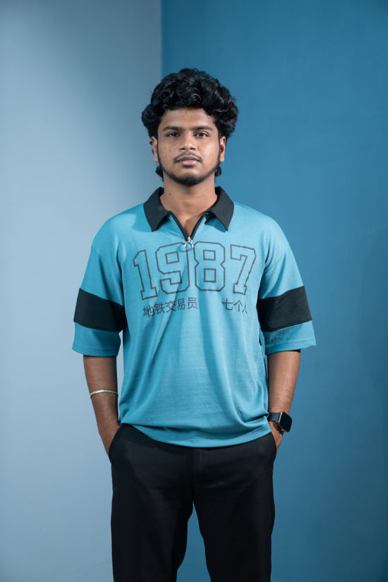 1987 Oversized Zipper T-Shirt for Men  Trending Korean Streetwear-Light BLue