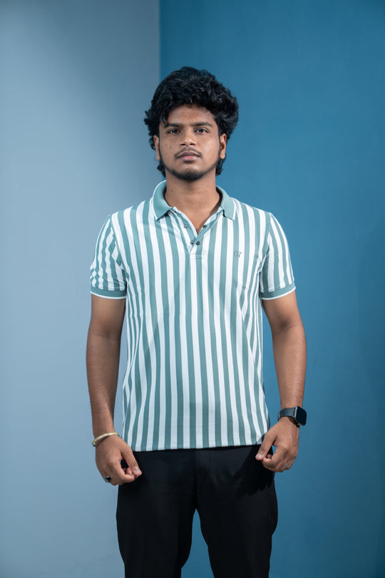 Short Sleeve Collar Neck Striped Korean Press Button for Men-Olive Green – alternate view – 7MAN India