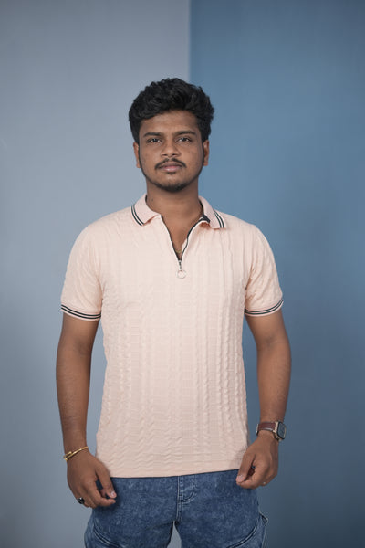 Men’s Korean Style Slim Fit Ribbed Zipper Polo T-Shirt – Cream / Double Line