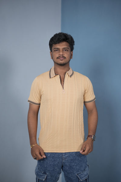 Men’s Korean Style Slim Fit Ribbed Zipper Polo T-Shirt – Beige / Double Line