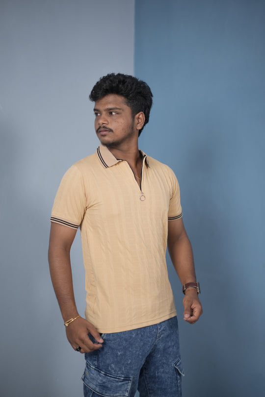 Men’s Korean Style Slim Fit Ribbed Zipper Polo T-Shirt – Beige / Double Line – alternate view – 7MAN India