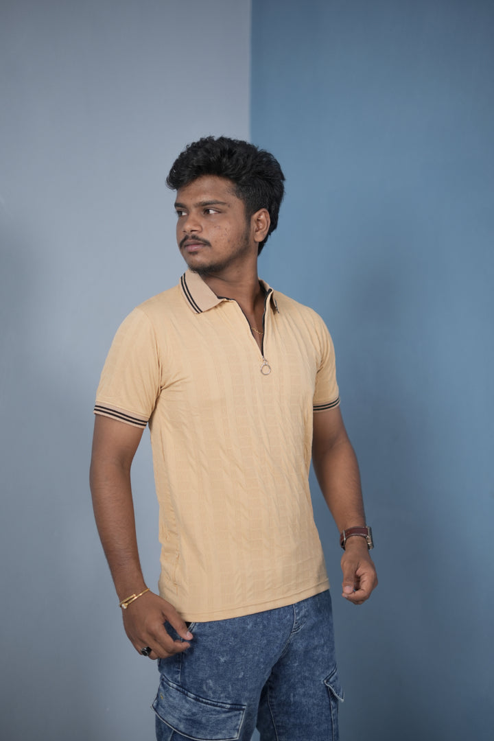 Men’s Korean Style Slim Fit Ribbed Zipper Polo T-Shirt – Beige / Double Line
