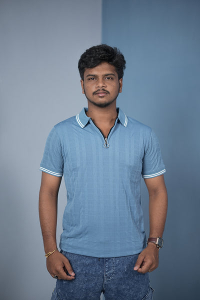 Men’s Korean Style Slim Fit Ribbed Zipper Polo T-Shirt – Sky Blue / Double Line