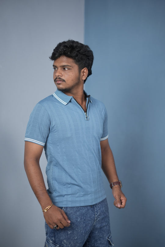 Men’s Korean Style Slim Fit Ribbed Zipper Polo T-Shirt – Sky Blue / Double Line – alternate view – 7MAN India